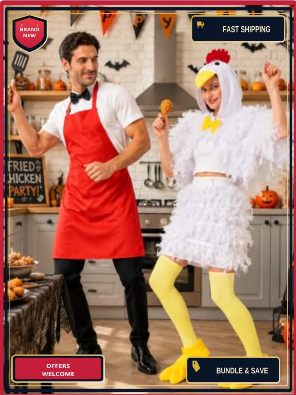 6PCS Chicken Couples Halloween Costume Set Hooded Feather Cape Apron - Picture 6 of 6